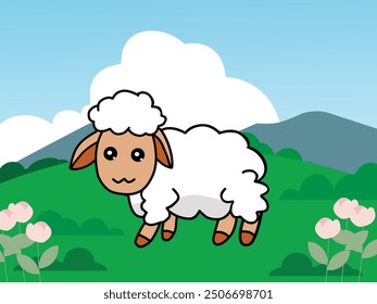 Vector illustration of cute sheep with a Landscape Background by nara senja