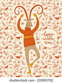 Vector illustration with cute sheep on decorative background with winter characters and Christmas doodles