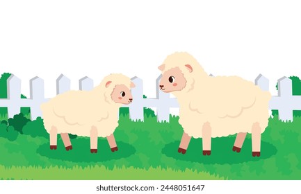 Vector illustration of cute sheep on the lawn. Cartoon scene of beautiful sheep with fluffy wool on a green lawn, fences, bushes. Sheep graze in the meadow. Fluffy sheep on the farm. Domestic animals.