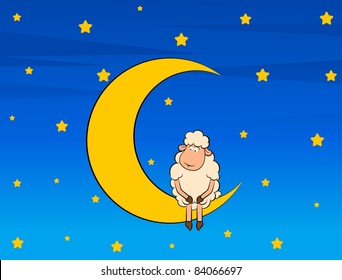 Vector Illustration of cute sheep on moon