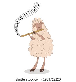 Vector illustration of a cute sheep playing the flute. Character for childrens illustration 