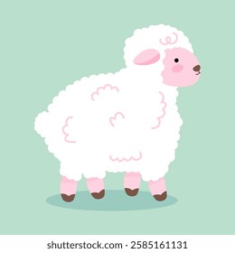 A vector illustration of a cute sheep standing on a green background. 