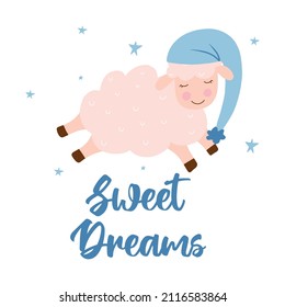 Ilustración vectorial de una linda oveja con estrellas. Afiche infantil con una oveja feliz. Cartel de la guardería. Dulces sueños.