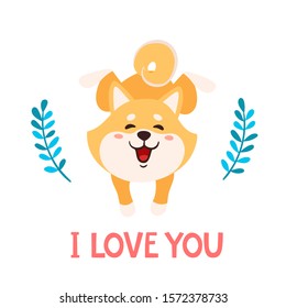 Vector illustration with cute shiba inu isolated on white. Colorful cartoon japan dog with lettering - i love you for valentines day used for magazine, stickers, cards.