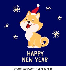 Vector illustration with cute shiba inu in santa hat isolated on white. Colorful cartoon japan dog with lettering used for magazine, stickers, new year cards.