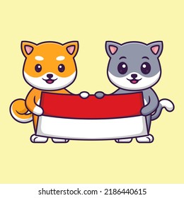 Vector Illustration of Cute Shiba Inu Dog and Cat Holding Indonesian Flag in Cartoon Flat Style