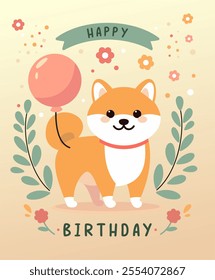 Vector Illustration of a Cute Shiba Inu Dog with Balloon - Pastel Color Palette - Perfect for Birthday Cards and Invitations