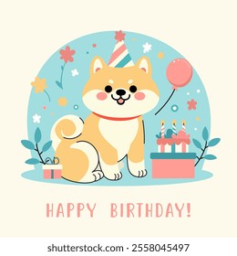 Vector Illustration of Cute Shiba Inu Dog Celebrating Birthday with Pastel Color Palette - Perfect for Greeting Cards, Invitations, and Party Decorations