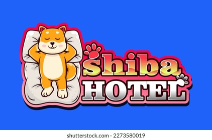 Vector illustration of a cute shiba sleeping on a mattress. Icon for business. Mascot for hotel.