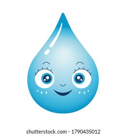 Vector illustration of cute and shiny water drop character. Blue cartoon mascot isolated on white background.