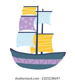 Vector illustration of a cute ship. Boat with sails. Hand drawn style. Children's illustration for boys. Print for kids t-shirts, postcards, printing. White isolated background.