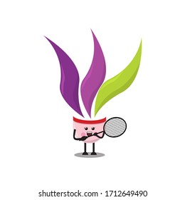 Ilustración vectorial de un bonito personaje de shuttlecock con racquet. Muy adecuado para la mascota del torneo de bádminton y el afiche de bádminton.
