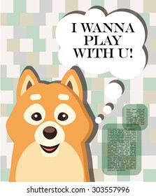 Vector illustration of cute Siba-inu dog with text space. Puppy, doggy character. Print design. 