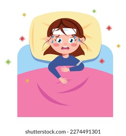 Vector illustration of a cute, sick girl lying in bed. A cartoon scene of a sick girl lying in bed with a high temperature, a bandage on her forehead and viruses isolated on a white background.