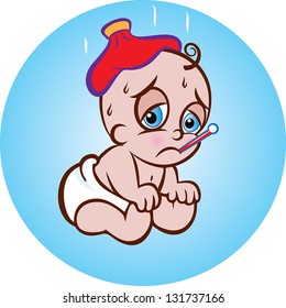 vector illustration of a cute sick sitting baby in diaper with ice bag and thermometer