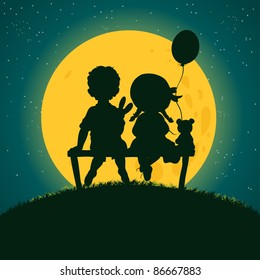 Vector illustration, cute silhouette of kids sitting on bench, cartoon concept.