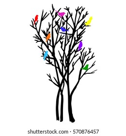 a vector illustration; a cute silhouette of a tree and sitting birds;  contour; outline in ink, hand drawn, sketched style; perfect for print on t-shirts, bags, pillows, home decor; for  post cards