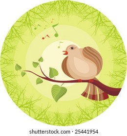 vector illustration of a cute singing bird in a wonderful forest