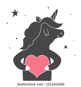 Vector illustration: cute single flat black unicorn with pink heatr in hands and stars isolated on white background. Design for Valentine's day posters and greeting cards, childish print for stickers