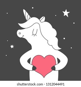 Vector illustration: cute single flat white unicorn with pink heart in hands and stars isolated on black background. Design for Valentine's day posters and greeting cards, childish print for stickers,