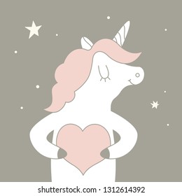 Vector illustration: cute single flat white unicorn with pink heart in hands and stars isolated on grey background. Design for Valentine's day posters and greeting cards, childish print for stickers