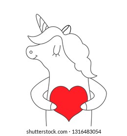 Vector illustration: cute single flat black unicorn with red heart in hands and stars isolated on white background. Design for Valentine's day posters and greeting cards, childish print for stickers,