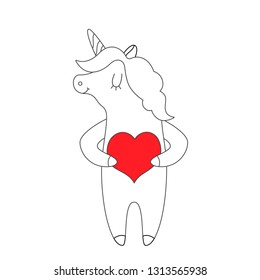 Vector illustration: cute single linear white unicorn with red heart in hands  isolated on white background. Design for Valentine's day posters and greeting cards, childish print for stickers