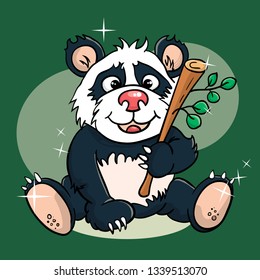 Vector illustration of the cute sitting baby panda with a branch of a plant. It i shinning