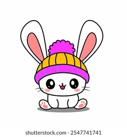 Vector illustration of cute sitting baby bunnie wearing hoodie, isolated on empty white background.