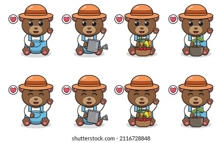 Vector Illustration of Cute sitting Bear cartoon hand up pose with Farmer costume. Set of cute little bear characters. Collection of funny little bear isolated on a white background.