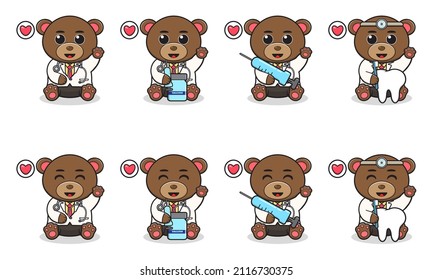 Ilustración vectorial de la caricatura de Oso sentado lindo pose con el traje de doctor. Un juego de personajes adorables de oso pequeño. Colección de oso pequeño y gracioso aislado en un fondo blanco.