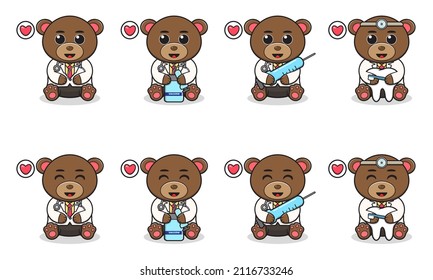 Vector Illustration of Cute sitting Bear cartoon with Doctor costume. Set of cute little bear characters. Collection of funny little bear isolated on a white background.