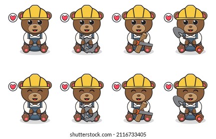 Vector Illustration of Cute sitting Bear cartoon with Handyman costume. Set of cute little bear characters. Collection of funny little bear isolated on a white background.