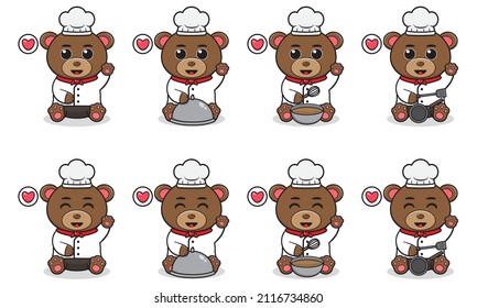 Vector Illustration of Cute sitting Bear cartoon hand up pose with Chef costume. Set of cute little bear characters. Collection of funny little bear isolated on a white background.