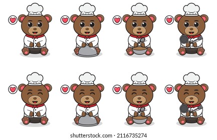 Vector Illustration of Cute sitting Bear cartoon with Chef costume. Set of cute little bear characters. Collection of funny little bear isolated on a white background.