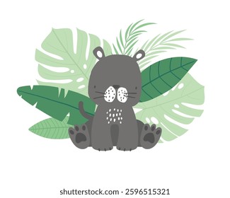 Vector illustration of cute sitting black panther and tropical leaves. Jungle. Safari. Wild animals for children.  Perfect for kids products, posters, postcards, t-shirt.