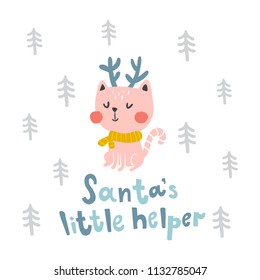 vector illustration of a cute sitting cat and Santa's little helper text