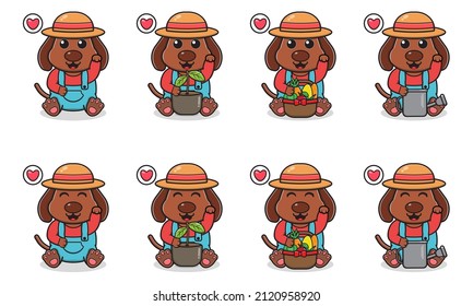 Vector Illustration of Cute sitting Dog cartoon with Farmer costume and hand up pose. Set of cute little Dog characters. Collection of funny little Dog isolated on a white background.