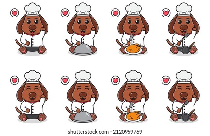 Vector Illustration of Cute sitting Dog cartoon with Chef costume and hand up pose. Set of cute little Dog characters. Collection of funny little Dog isolated on a white background.