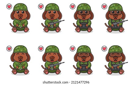 Vector Illustration of Cute sitting Dog cartoon with Soldier costume. Set of cute little Dog characters. Collection of funny little Dog isolated on a white background.