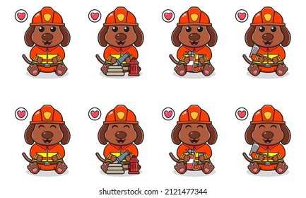 Vector Illustration of Cute sitting Dog cartoon with Firefighter costume. Set of cute little Dog characters. Collection of funny little Dog isolated on a white background.