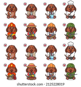 Vektorgrafik von Cute Sitting Hund Cartoon mit Tracht und Hand-up Pose. Set süßer kleiner Hunde-Zeichen. Sammlung von lustigen kleinen Hunden einzeln auf weißem Hintergrund.