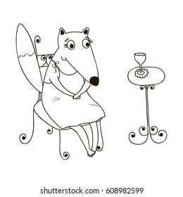 Vector illustration with cute sitting fox. Summer card. Sketch style. 