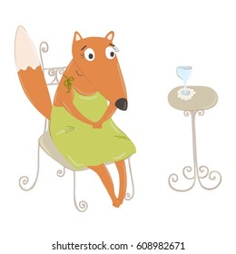 Vector illustration with cute sitting fox. Summer card. 