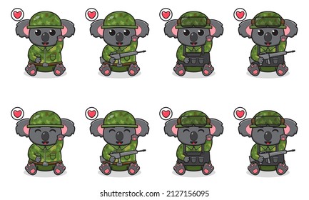 Vektorgrafik von Cute sitzend Koala Cartoon mit Soldier Kostüm und Hand-up Pose. Set von süßen kleinen Kolala-Figuren. Sammlung von lustigen Koala einzeln auf weißem Hintergrund.