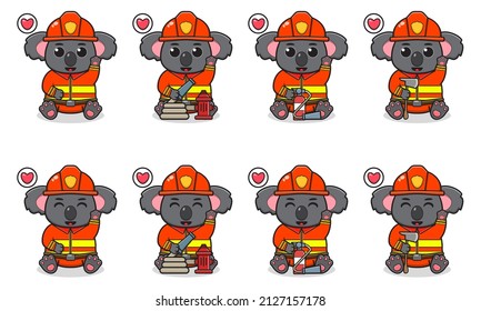 Vector Illustration of Cute sitting Koala cartoon with Firefighter costume and hand up pose. Set of cute little Kolala characters. Collection of funny Koala isolated on a white background.