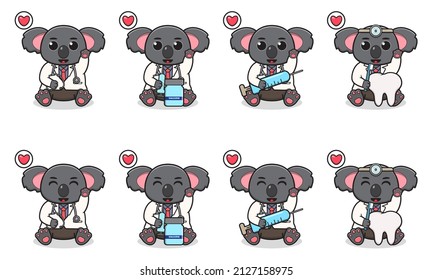 Vector Illustration of Cute sitting Koala cartoon with Doctor costume and hand up pose. Set of cute little Kolala characters. Collection of funny Koala isolated on a white background.