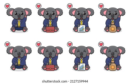 Vector Illustration of Cute sitting Koala cartoon with Businessman costume and hand up pose. Set of cute little Kolala characters. Collection of funny Koala isolated on a white background.