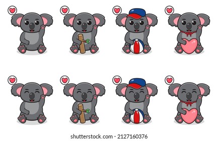 Vector Illustration of Cute sitting Koala cartoon hand up pose. Set of cute little Kolala characters. Collection of funny Koala isolated on a white background.