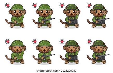 Vector Illustration of Cute sitting Monkey cartoon with Soldier costume and hand up pose. Set of cute little Monkey characters. Collection of funny little Monkey isolated on a white background.